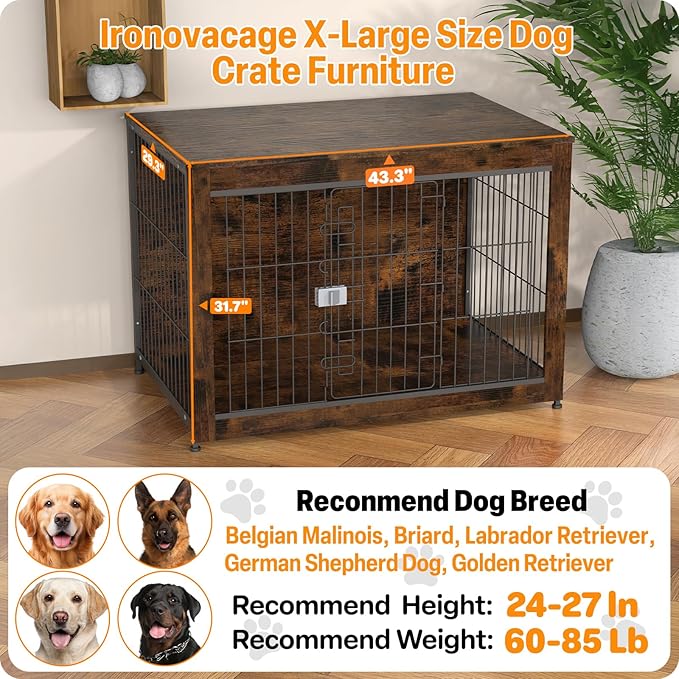 Furniture Style Dog Crate, 43" Wooden Dog Kennel End Table with Solid Top, Indoor Pet Crate House with Secure Slide Lock, Modern Dog Cage Furniture for Small & Medium Dogs, Aged Black