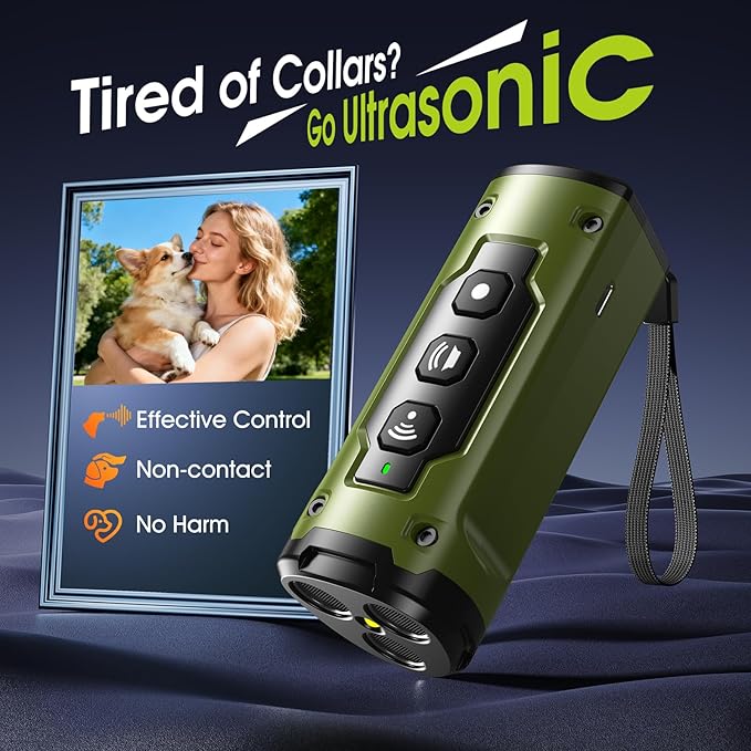 1-Touch Dog Bark Deterrent Devices with 3 Sonic Heads,Portable 50ft Range Anti Barking Device for Dogs,Rechargeable & Safe Dog Training Tool with Flashlight,Helps Improve Dog's Behavior Green
