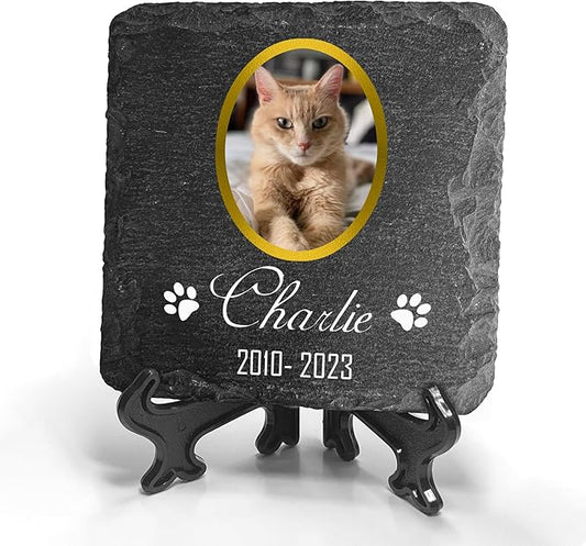 Personalized Individual Square Memorial Plaque + Stand for Pet Cat Dog Slate Stone Frame Paw Grave Marker - Size 3.94" x 3.94" or 100 x 100 mm - Gold Frame Photo