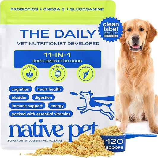 Native Pet The Daily Dog Vitamins & Supplements - 11-in-1 Multivitamin Powder for Dogs - Supports Whole Body Health, Digestion, Mobility & Immunity with Collagen, Glucosamine & Probiotics –120 Scoops