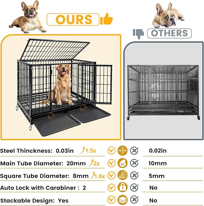 Heavy Duty Indestructible Dog Crate 47 Inch with Removable Tray, Escape Proof Metal Dog Cage Kennel Indoor with Top Door & Auto-Locks, Stackable Big Dog Crate for High Anxiety Large Dogs, XL(8-Pack)