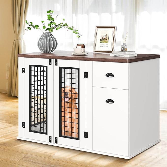 Dog Crate Furniture, Pet Kennel for Small to Medium Dogs, White Wooden Pet House with Drawers and Side Cabinets, Multi-Functional Dog Cage for Indoor Use
