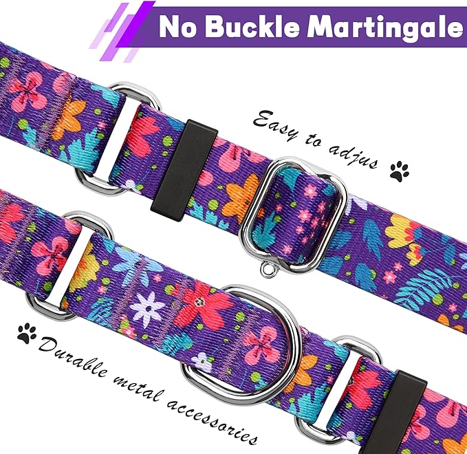 Hikiko Martingale Collar for Dogs with No Buckle Flower Dog Collars Pretty Cute Purple Dog Collar for Extra Small Dogs,Colourful Blossoms,XS
