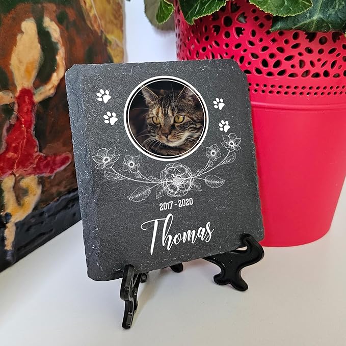 Personalized Individual Square Memorial Plaque + Stand for Pet Cat Dog Slate Stone Frame Paw Grave Marker - Size 3.94" x 3.94" or 100 x 100 mm - Floral