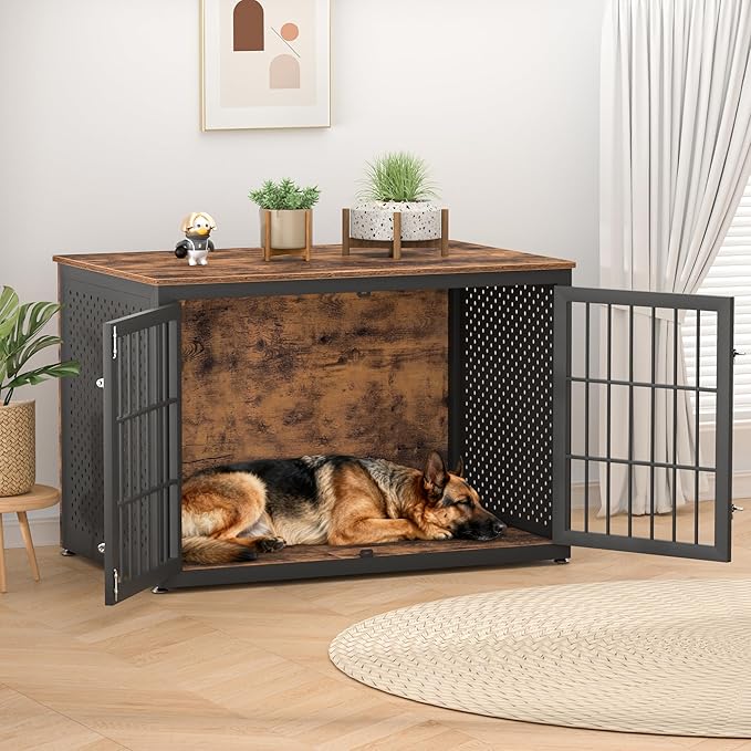 48" Rustic Heavy Duty Dog Crate Furniture for Extra Large Dogs, Metal Kennel for High Anxiety Dogs, Wooden Cage Furniture Indoor, Decorative Dog Kennel End Table, XL