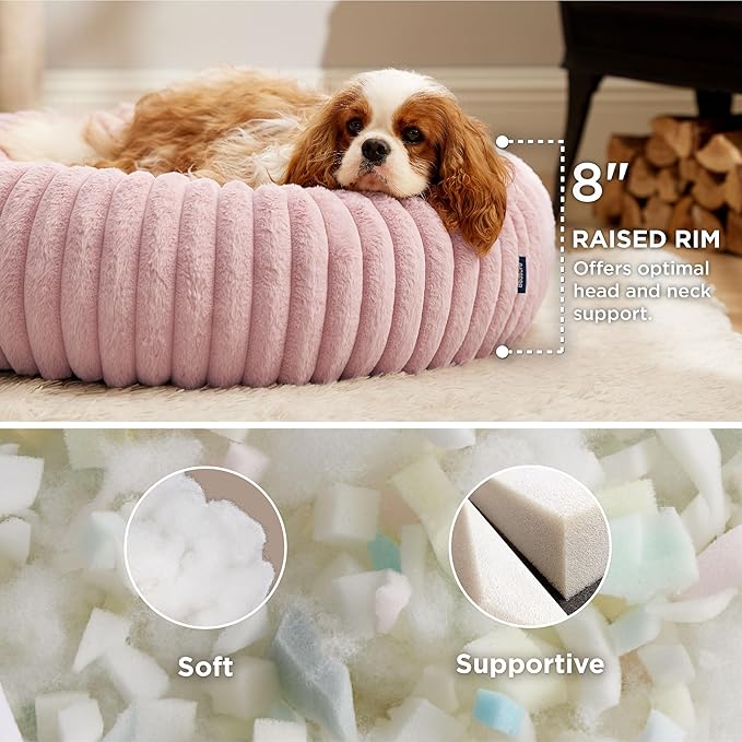 Bedsure ComfyFleece™ Donut Medium Dog Bed - Washable Faux Fur with Corduroy Fleece & Anti Slip Bottom, Round Pet Bed with Removable Cover, Blush Pink, 30x30x8 inches