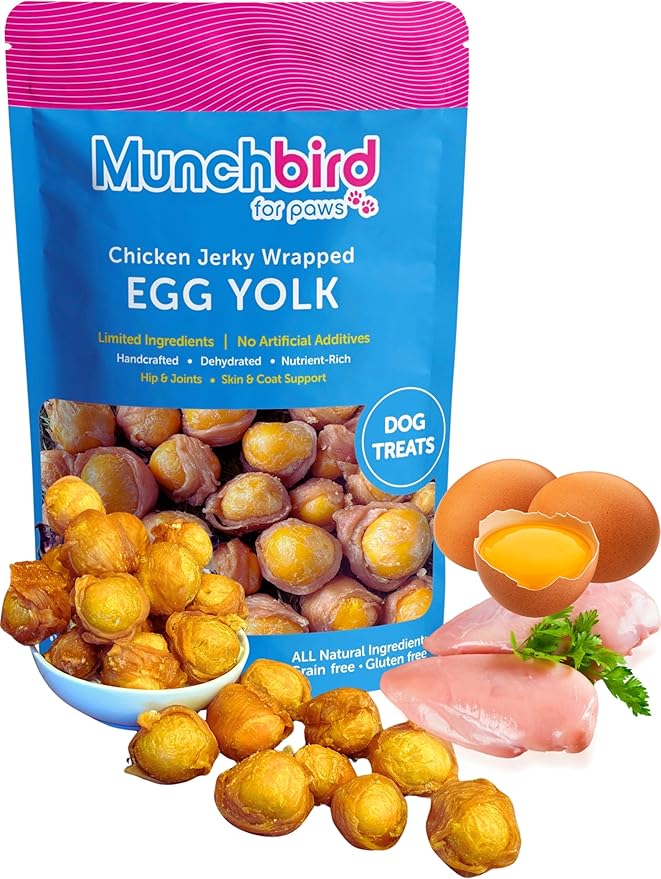Munchbird Dehydrated Chicken Jerky Wrapped Egg Yolk Dog Treats, high-Protein Dog Food Topper with no fillers. Natural Alternative to Freeze-Dried Quail Egg Yolk. Healthy Dog Treats, 7 oz, 20–30 pcs.