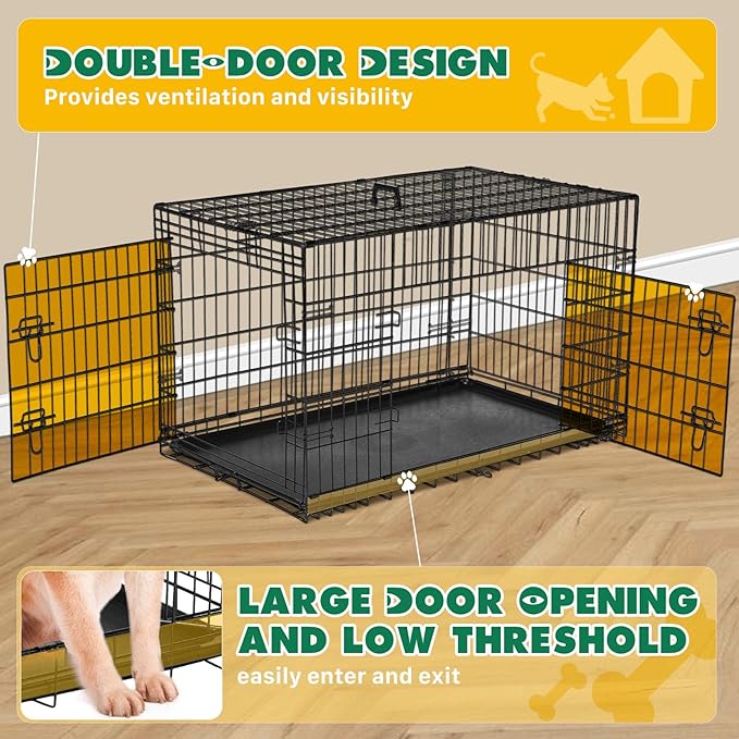DUMOS Dog Crate, 48 Inch Large Double Door Dog Cage with Plastic Leak-Proof Pan Tray, Folding Extra Large Size Metal Wire Pet Kennel for Indoor, Outdoor, Travel