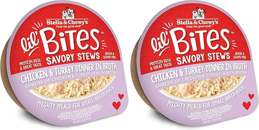 Stella & Chewy's Lil Bites Savory Stews for Small Breeds Chicken & Turkey Dinner in Broth,2.7 oz Cups,(Pack of 24)