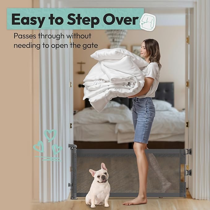 15.7" H Mesh Short Dog Gate, Extends Up to 59" W Retractable Pet Gate with Drill Installation, Small Dog Gate for Stairs, Easy Step Over Low Puppy Gate for Doorways Indoor Outdoor, Grey