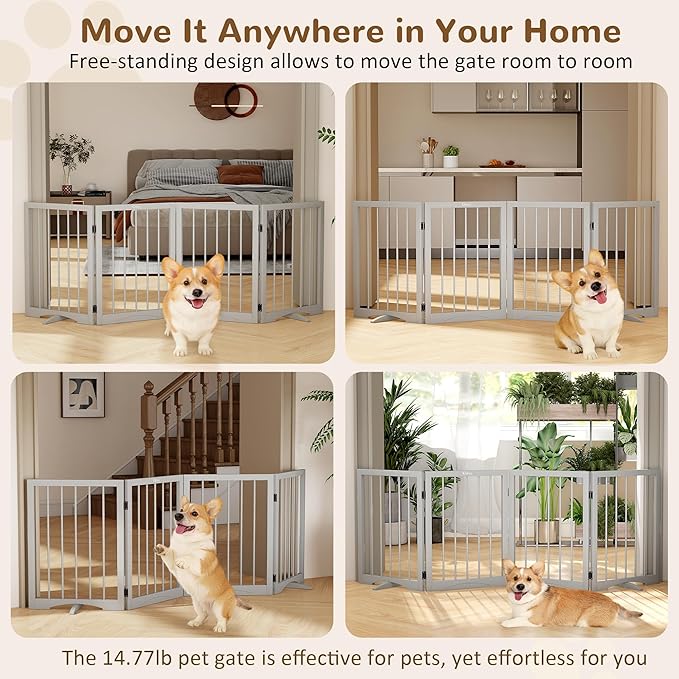 Free Standing Dog Gate Indoor, Foldable Dog Gate for Doorways Stairs Hallways,4-Panel Freestanding Pet Gate with Support Feet for Stability, Folding Puppy Gate Easy to Move, Doggy Gate 72"x24"