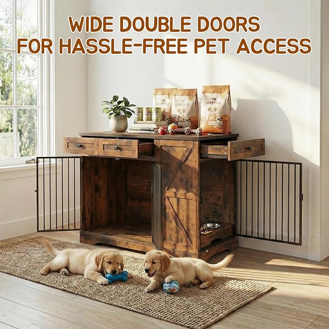 43.3" Dog Crate Furniture with Storage, Large Dog Kennel with 3 Drawers & 2 Feeding Bowls, Indoor Decorative Dog Cage for Large/Medium Dogs, Heavy Duty Dog House