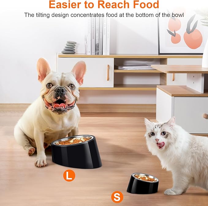 Tilted Dog Bowl Non-Slip & Non-Spill Pet Feeder with Elevated Detachable Melamine Stand, Easy to Get Food Dog Dish, M/180ml Black
