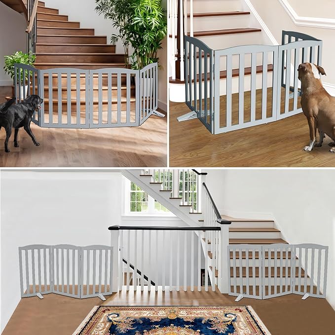 ZJSF Foldable Freestanding Indoor Dog Gate for House Wood Long Pet Gates Dog Fence for Stairs Puppy Gates for Hallways, Puppy Gate,Support Feet Included, Grey, 32 "Height-2 Panels