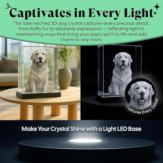 Monume 3D Landscape Pet Memorial Frame (2.6"x3.6") – Laser Engraved 3D Crystal Photo Made from Clear-Cut Crystal Glass – Custom Dog Memorial Gifts for Remembrance Keepsake of Dog or Cat