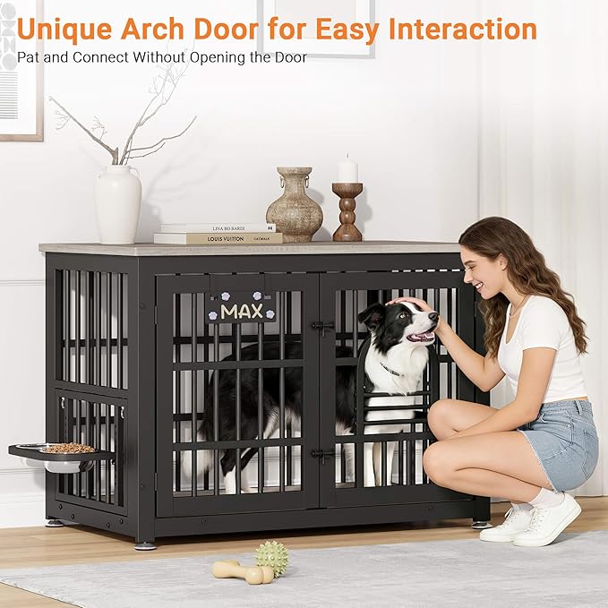 Dog Crate Furniture with Name Tag, Dog Kennel Indoor with 360° Rotating Feeder and Adjustable Heights Bowls, Wooden Decorative Pet Cage End Table for Small Medium Dogs, Grey 37.8" L