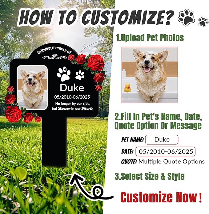 Custom Pet Grave Markers Dog Outdoor, Personalized Pet Grave Marker with Name and Date, Weatherproof Dog Headstone for Graves Outdoor Garden Yard, Pet Tombstones Sympathy Gift for Pet Loss