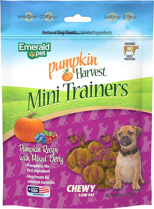 Emerald Pet Pumpkin Harvest Mini Trainers with Blueberris and Cranberries Chewy Dog Treats Made in The USA, Pumpkin with Mixed Berry 6oz (Mixed Berry Mini)