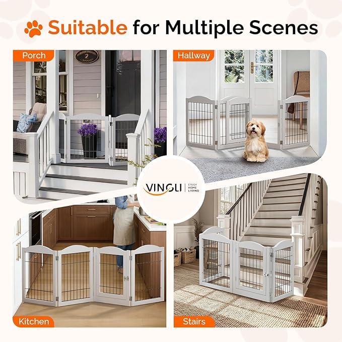 VINGLI Freestanding Dog Gate with Door, Pet Gate with Walk Through Door, Foldable Pet Safety Fence for Stairs Doorways Fireplace (24" H - 4 Panels)