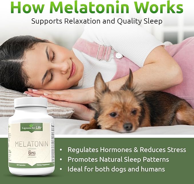 Lignans for Life Melatonin for Dogs & People, 6mg - 120 Capsules - Capsules - Pet Treats - Vitamins for Overall Health