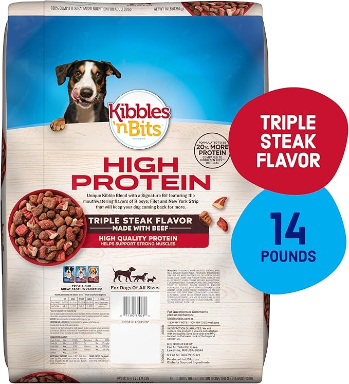 Kibbles 'n Bits Triple Steak Flavor Dry High Protein Dog Food, 14 lb. Bag