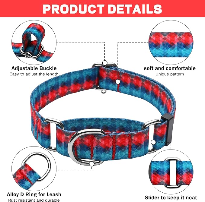 Hikiko Martingale Collar for Dogs with No Buckle Geometric Red Green Dog Collars for Large Dogs,Gradient,L