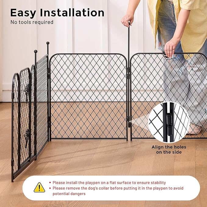 Paw Safe Playpen for Indoor Small Dogs, 24 Inch 8 Panels Anti-Pinch Diamond Mesh Dog Fence, Metal Stable Dog Play Pen with Door, Portable Pet Playpen for Outdoor RV Camping Yard Garden