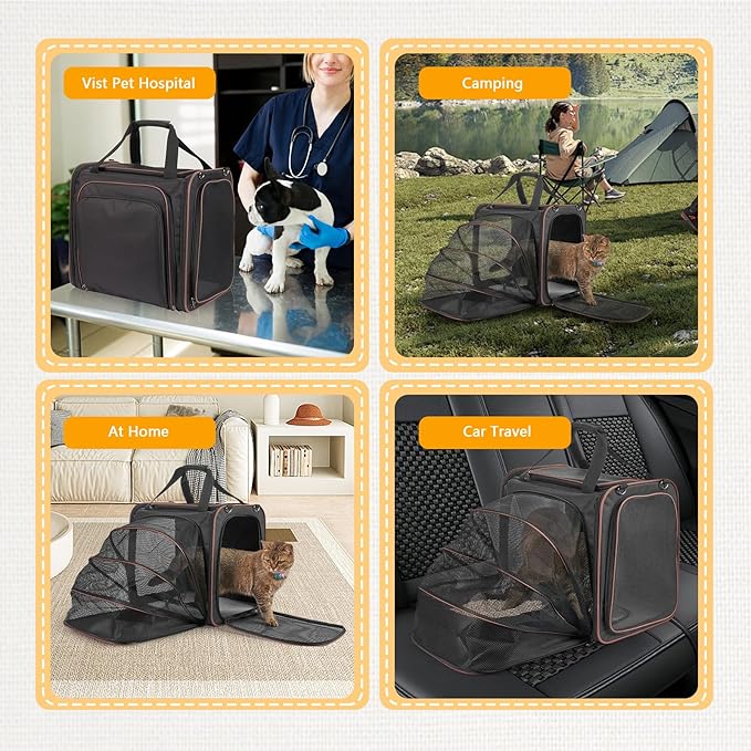 Cat Carrier with Litter Box, Expandable Cat Carrier with Litter Box for Car Travel, up to 20 lb to Road Trip, Camping, or Hotel, Black