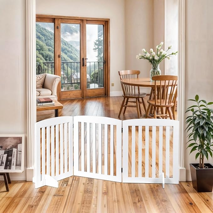 Dog Gate 61 x 24 Inch Freestanding Indoor Pet Door for House Doorways Stairs Halls, Foldable Wood Safety Fence 3 Panels, White