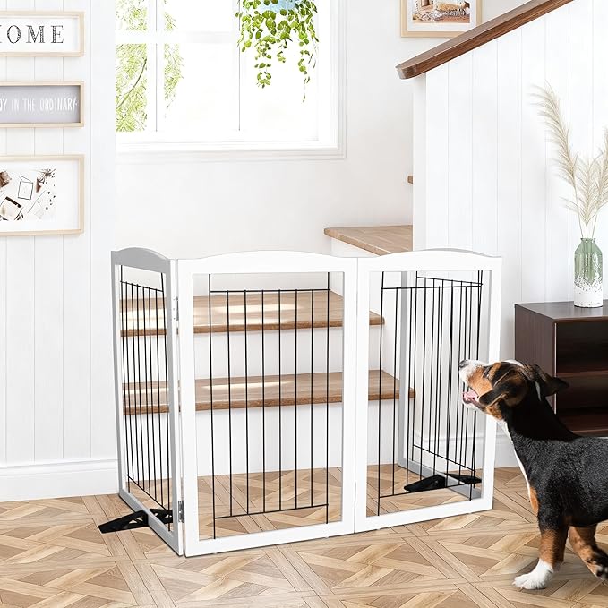 Dog Fence Indoor,Dog Gate Indoor for Doorway pet gate -2-Panel Freestanding, Hallways, House or Stairs -40x32-Inch Retractable Foldable Expandable Wood Pet by SFJC (White) ﻿