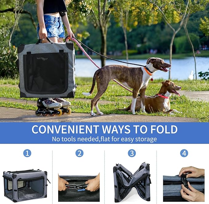 NEZUC Collapsible Dog Crates for Large Dogs Portable Soft Sided Travel Dog Carrier for Indoor & Outdoor, 4-Door Foldable Pet Kennel with Durable Mesh Windows (Gray, 30.0" L x 20" W x 20.0" H)