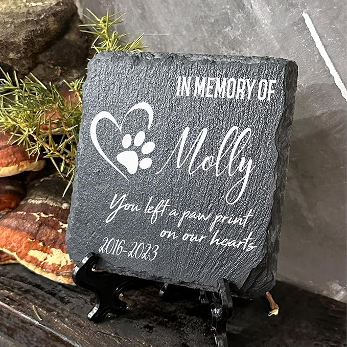 Personalized Individual Square Memorial Plaque + Stand for Pet Cat Dog Slate Stone Frame Paw Grave Marker - Size 3.94" x 3.94" or 100 x 100 mm - Paw Print