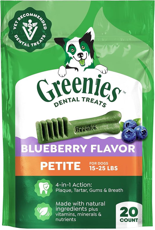 Greenies Veterinarian-Recommended Adult Natural Dental Dog Treats Petite Size, Blueberry Flavor, 12 oz. Pack, 20 Count