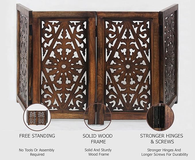 Wooden Foldable Dog Safety Gate - 4 Panels 13" W x 25" H - Hand Carved Solid Wood MDF Puppy Pet Gate - Free Standing Portable Indoor Doorway Stairs Safety Fence - Assembled - Antique Brown - IRONGATE