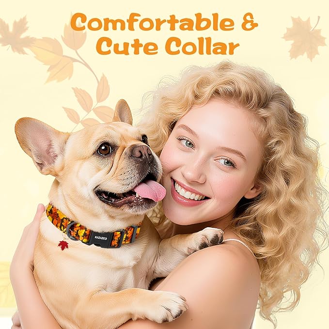 Kazazoo Dog Collar Cute and Soft Nylon Puppy Collar for Boy and Girl, Adjustable Dog Collars for Small Medium Dogs, Maple Leaf-S
