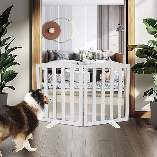 ZJSF Foldable Freestanding Indoor Dog Gate for House Wood Long Pet Gates Dog Fence for Stairs Puppy Gates for Hallways, Puppy Gate,Support Feet Included, Grey, 24 "Height-2 Panels