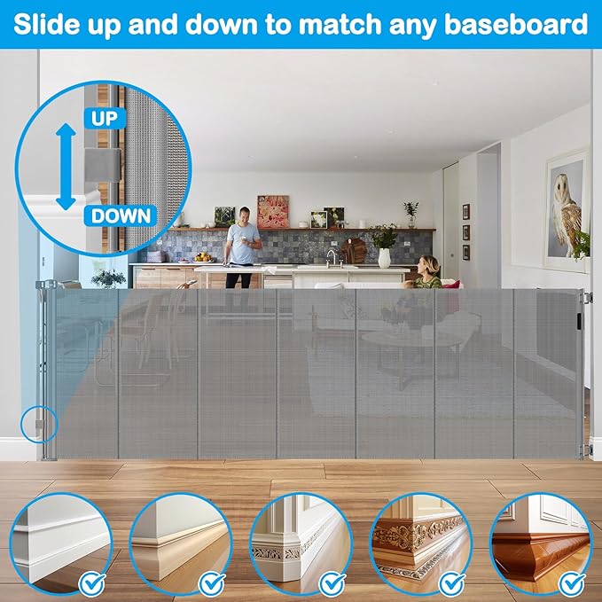 Reinforced 42" Extra Tall X 120" Extra Wide Retractable Dog Gate for Doorways Wide Pet Gate Indoor Prevent Kid/Pet Jumping Over Tall Retractable Baby Gates for Dogs Outdoor Dog Gates for Doorways,Gray
