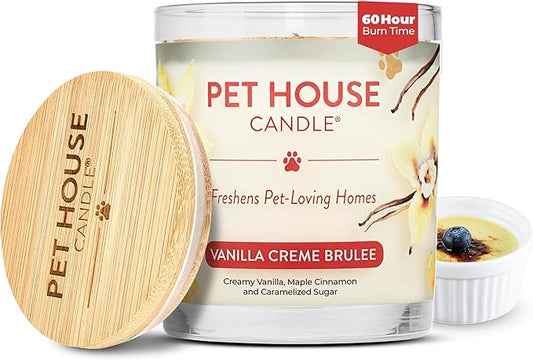 One Fur All Pet House Candle Plant-Based/Soy - Clean Burning Scented, Long Lasting Pet Odor Candle for Home - Vanilla Crème Brulee