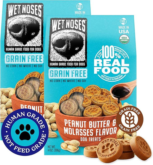 Wet Noses Organic Crunchy Dog Treats – All-Natural, Human-Grade, Non-GMO, Healthy Training & Delicious Snacks for Dogs, for All Dog Sizes & Breeds – Grain Free Peanut Butter & Molasses, 14oz (2 Pack)