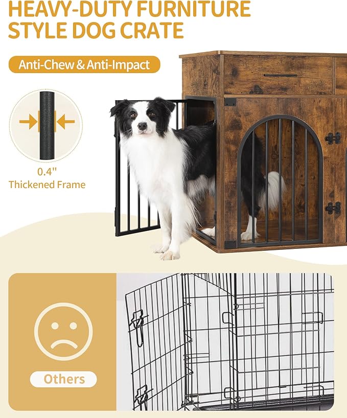 39.4'' Dog Crate Furniture with 2 Drawers, Indoor Dog Kennel with Charging Station, Wooden Dog Cage Side End Table Kennel for Medium/Large Dogs, Rustic Brown DFC84201B