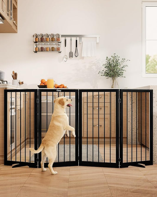 32" Extra Tall Freestanding Dog Gate, Foldable Pet Gate for Doorways Stairs Hallways, 4-Panel Dog Fence with Support Feet for Stability, Folding Puppy Gate Easy to Carry No Drilling 72"x32"