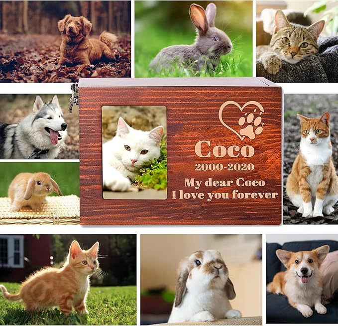 Custom Pet Wood Urn with Name Date and Text,Personalised Wood Pet Urn/Ashes Casket with Photo Slot and Engraving,Custom Pet Urn Souvenir Wood Box for Dog Cat Rabbit and Bird (Engrave)