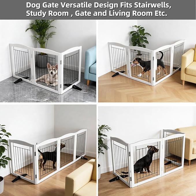 Dog Fence Indoor,Dog Gate Indoor for Doorway pet gate -3-Panel Freestanding, Hallways, House or Stairs -60x24-Inch Retractable Foldable Expandable Wood Pet by SFJC (White) ﻿ ﻿