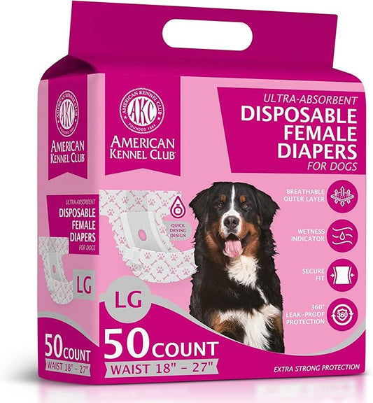 American Kennel Club Female Dog Wrap, Disposable Diapers with Wetness Indicator (L – High Tail (18–27 in), 50, Count)