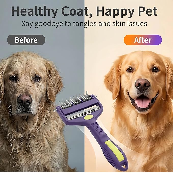 3-in-1 Dog Dematting Comb - Stainless Steel Undercoat Rake with Flea Remover & Deshedding Tool, Professional Grooming Brush for Long-Haired Dogs and Cats, Effortlessly Removes Matted Hair