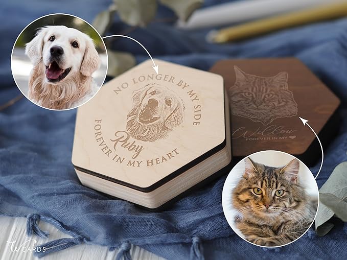 Personalized Pet Hair Keepsake Box for Dog and Cat Fur - Engraved Wood Memorial Box - Unique Customized Gift for Loss of Furry Friend Wooden (Light Diamand Wood Lid, With Photo)