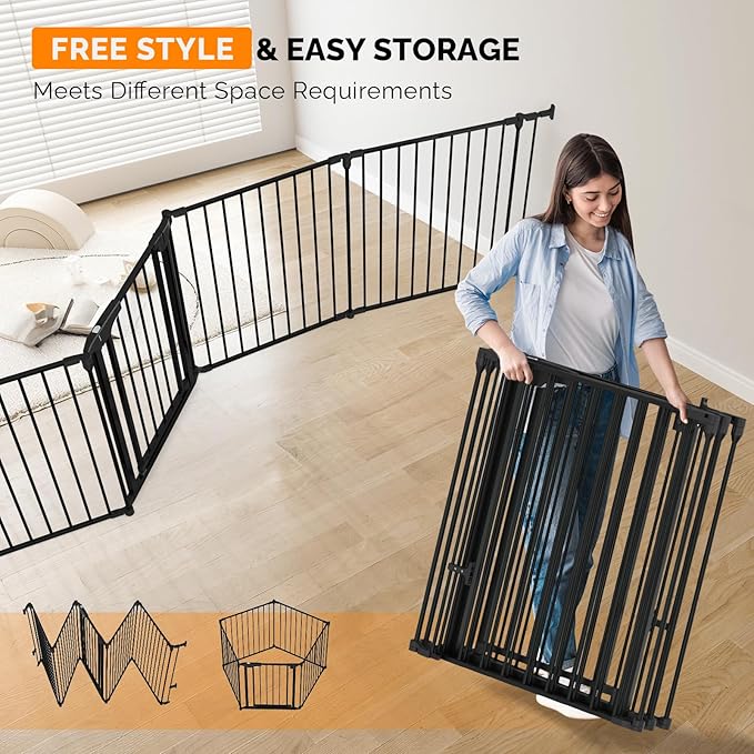 Bonnlo 208'' Wide Baby Gate Playpen 8 Panel Adjustable Play Yard Metal Dog Gate with Door Fireplace Christmas Tree Fence for Pet/Child/Toddler