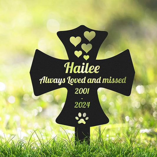 Personalized Metal Pet Memorial Stake Cat Dog Memorial Grave Marker, Custom Heart-Shaped Cross Plaque with Paw Pet Memorial Cross Stake for Cemetery Yard Lawn Garden
