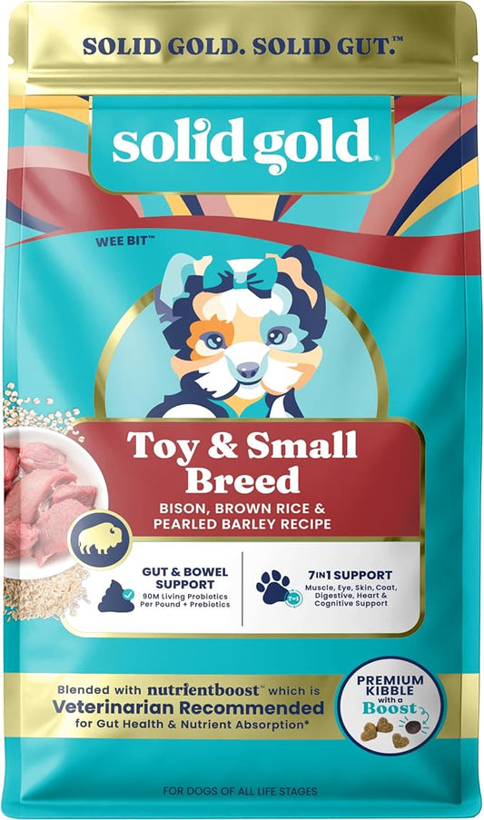 Solid Gold Toy & Small Breed Dog Food Dry Small Bites – Bison & Healthy Whole Grain Dogfood – High Fiber Healthy Dog Kibble w/Probiotics for Gut Health – NutrientBoost™ – 11 lb