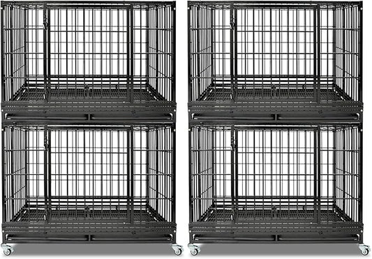 Homey Pet Heavy Duty Dog Crates for Large Dogs, 47 Inch Stackable Large Dog Crate Cage with 4 Wheels, 2 Removable Trays and Grids, 2 Bowls, Multi Locks Strong & Solid Escape Proof Dogs Kennel Indoor